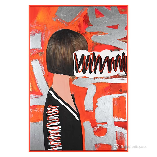 Oil Painting of Short Haired Woman with Obscured Face Red Gray Background and Black Clothing 3d model 