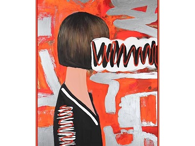 Oil Painting of Short Haired Woman with Obscured Face Red Gray Background and Black Clothing 3d model