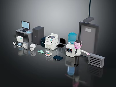 Creative Office Decorative Ornament Set with Cartoon Figure Laptop Printer and Skull Model 3d model