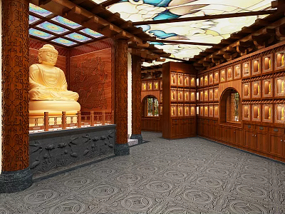 Buddhist Temple Interior Featuring Golden Buddha Statue Wooden Cabinets And Colorful Glass Ceiling 3d model
