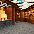 Buddhist Temple Interior Featuring Golden Buddha Statue Wooden Cabinets And Colorful Glass Ceiling