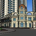 Modern Waterfront Commercial Street With High Rise Buildings And Green Plaza