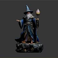 Man In Blue Robe Pointed Hat With White Beard Holding Glowing Staff On Rock Base