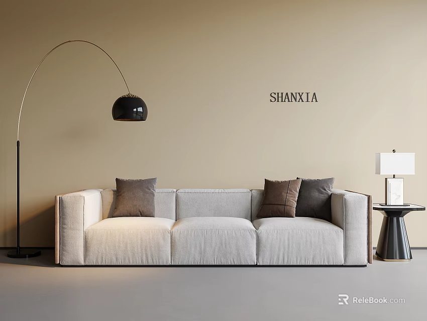 Three Seater Sofa With Beige Wall Floor Lamp Table Lamp On Side Table And Cushions 3d model 
