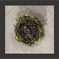 Household Decorative Woven Basket with Yellow White Flowers Green Foliage on Marble Surface