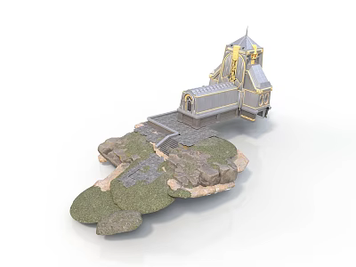 Golden Decorated Architectural Structure With Spire And Stone Steps On Rocky Terrain 3d model