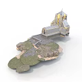 Golden Decorated Architectural Structure With Spire And Stone Steps On Rocky Terrain