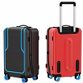 Modern Black and Red Suitcases with Blue Wheels and Retractable Handles