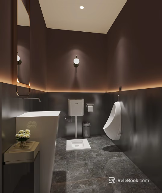 Modern Public Toilet Interior With Metallic Walls Urinal Wash Basin And Lighting 3d model 
