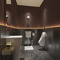 Modern Public Toilet Interior With Metallic Walls Urinal Wash Basin And Lighting