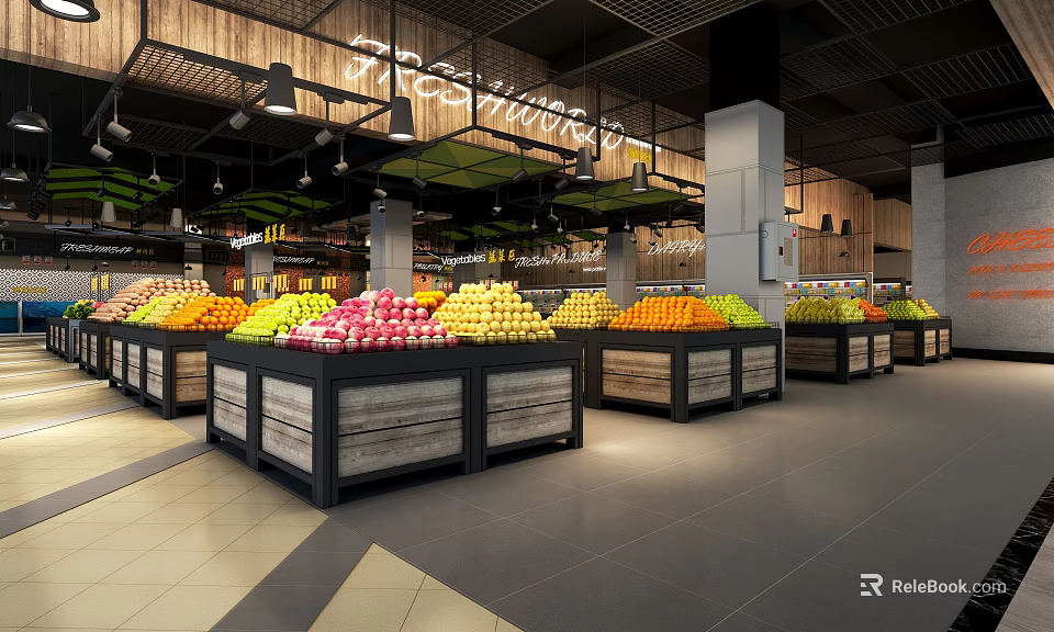 Supermarket Grocery Store Fresh Fruit Display With Colorful Produce On Wooden Shelves 3d model 