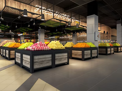 Supermarket Grocery Store Fresh Fruit Display With Colorful Produce On Wooden Shelves 3d model