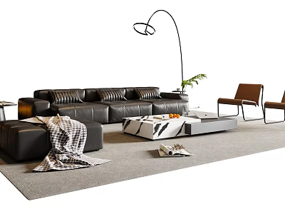Modern Black Leather Sofa and Geometric Coffee Table Set with Floor Lamp and Brown Chairs 3d model