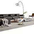 Modern Black Leather Sofa and Geometric Coffee Table Set with Floor Lamp and Brown Chairs