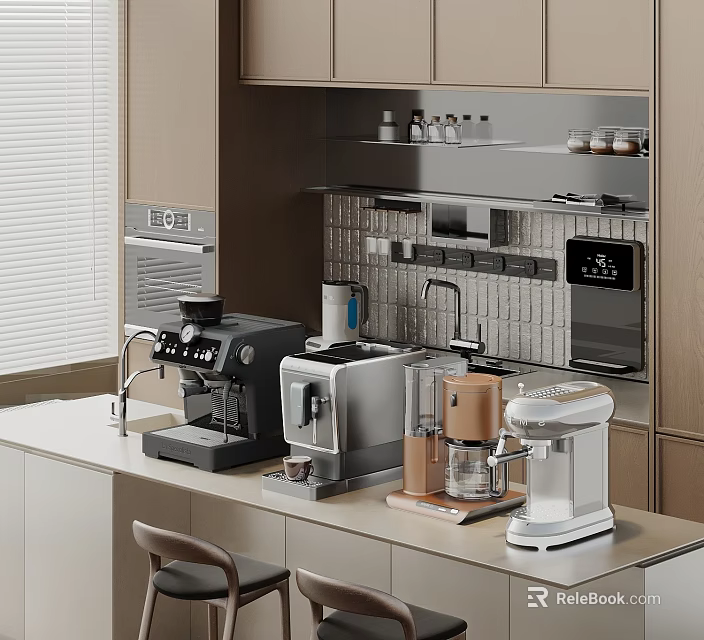 Modern Kitchen With Various Appliances Coffee Maker Water Dispenser And Blender On Countertop Tile Backsplash 3d model 