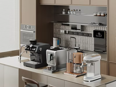 Modern Kitchen With Various Appliances Coffee Maker Water Dispenser And Blender On Countertop Tile Backsplash 3d model