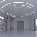 Hi tech Modern Corridor Space With White Walls Display Screens And Geometric Ceiling Lights