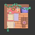 Cartoon Kitchen Scene With Green Vines Window Blinds Sink Cabinets Purple Refrigerator Table And Chair