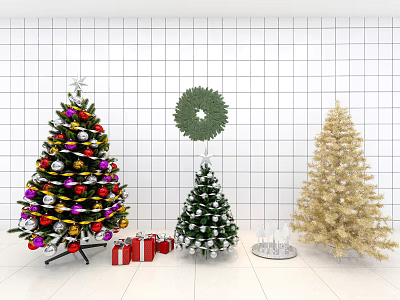Decorated Christmas Trees With Golden Small Tree Colorful Ornaments Gift Boxes And Green Wreath 3d model