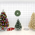 Decorated Christmas Trees With Golden Small Tree Colorful Ornaments Gift Boxes And Green Wreath