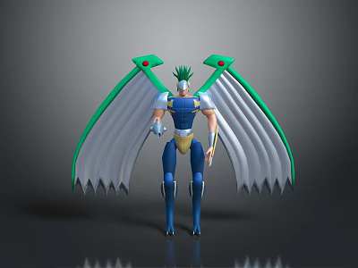 Detailed Game Movie Character 3D Model With Green White Wings Blue Armor And Crested Head 3d model