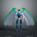 Detailed Game Movie Character 3D Model With Green White Wings Blue Armor And Crested Head