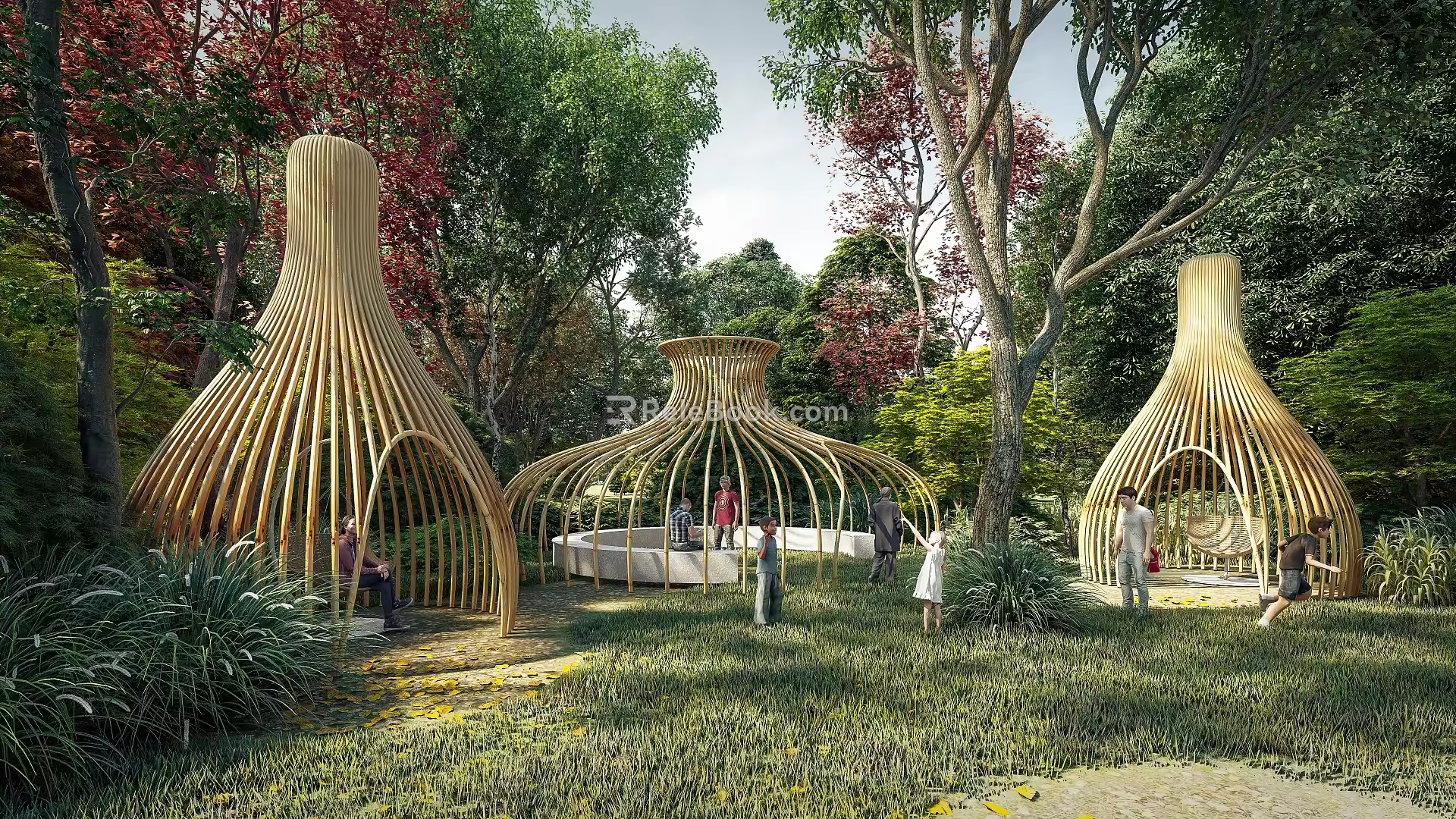 Modern gallery outdoor bamboo structure interesting gallery rest space 3d model
