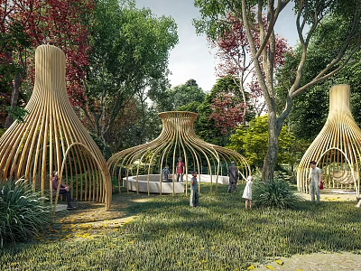 Unique Wooden Pergola Surrounded by Trees and Green Grass With People Enjoying Leisure Time 3d model
