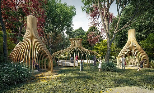 Modern gallery outdoor bamboo structure interesting gallery rest space 3d model