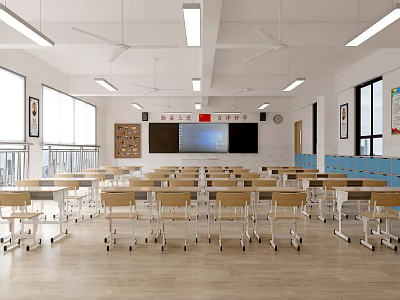 Modern School Classroom Interior With Desks Bright Lights And Windows 3d model