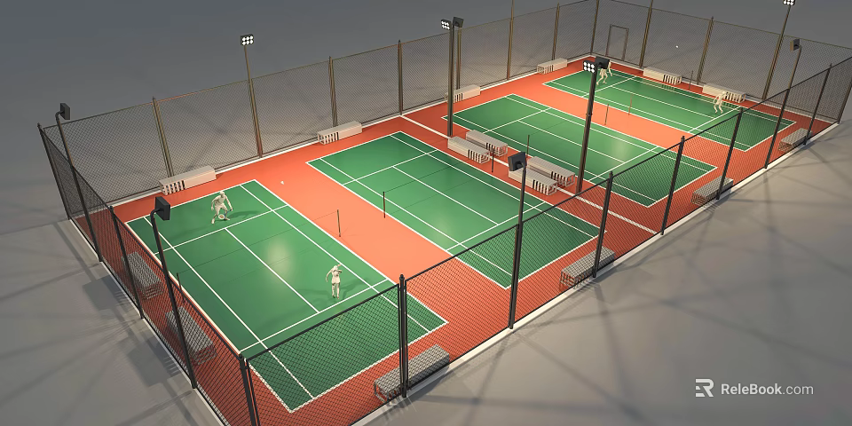 Outdoor Badminton Courts With Green Surface Red Borders Fencing And Lighting For Fitness 3d model 