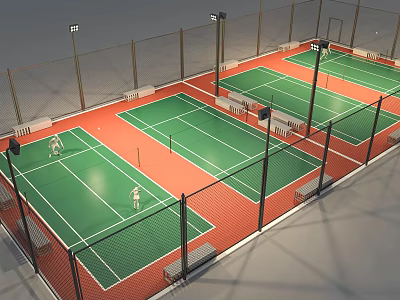 Outdoor Badminton Courts With Green Surface Red Borders Fencing And Lighting For Fitness 3d model