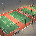 Outdoor Badminton Courts With Green Surface Red Borders Fencing And Lighting For Fitness