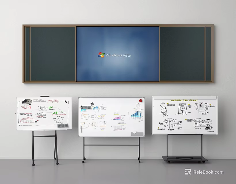 Office Collaboration Space With Whiteboards Sketches Projection Screen And Microsoft Teams Interface 3d model