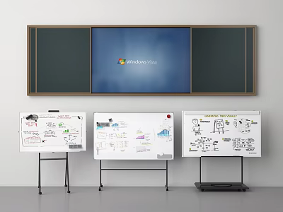 Office Collaboration Space With Whiteboards Sketches Projection Screen And Microsoft Teams Interface 3d model