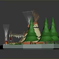 Cozy Tepee Camping Furniture With Green Trees Stream And Campfire
