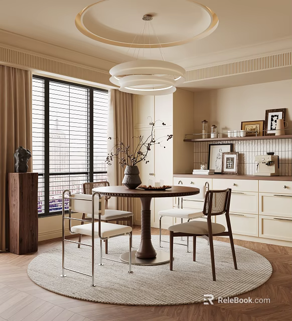 Modern Open Concept Restaurant With Round Dining Table Floor To Ceiling Windows And Pendant Light 3d model