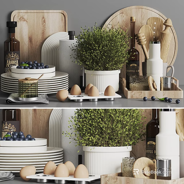 Essential Kitchen Cooking Utensils With Ceramic Plates Fresh Eggs And Herb Plant 3d model 