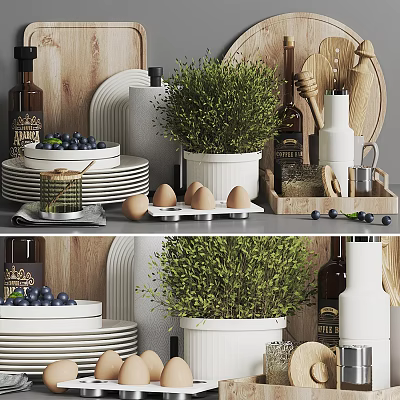 Essential Kitchen Cooking Utensils With Ceramic Plates Fresh Eggs And Herb Plant 3d model