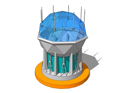 Modern Blue Dome Tower Structure With Orange Base Antennas Green Windows And Gray Frame 3d model