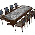 Oval Dining Table Set With Marble Tabletop Wooden Frame And Eight Upholstered Chairs