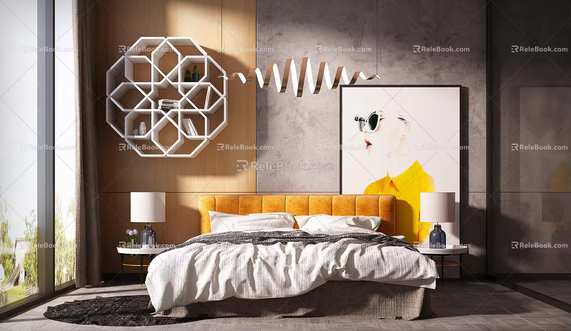 Modern background double bed 3d model