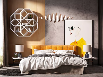 Modern Double Bed Bedroom Interior With Orange Headboard White Bedding And Wall Art 3d model