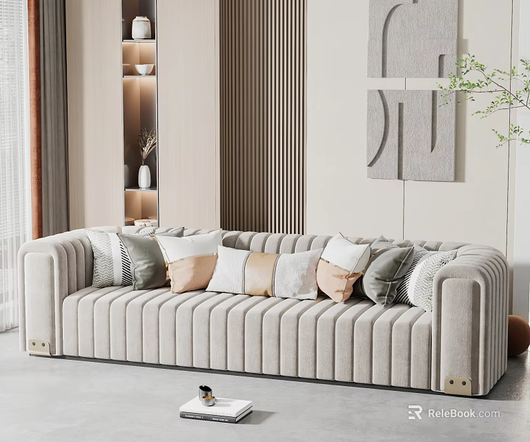 Light Gray Velvet Multi Person Sofa With Decorative Cushions In Modern Living Room 3d model 