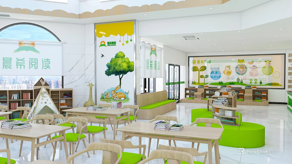 Vibrant Children's Book Art Room With Tree Animal Murals Bookshelves And Green Chairs 3d model 