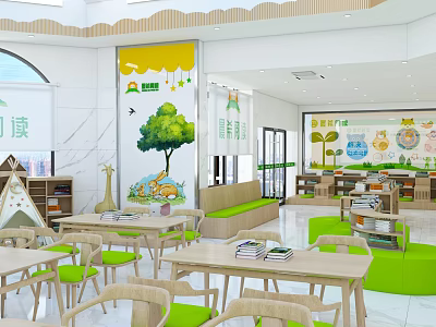 Vibrant Children's Book Art Room With Tree Animal Murals Bookshelves And Green Chairs 3d model