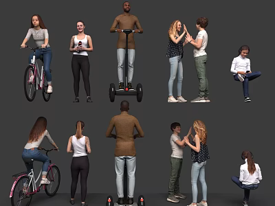 Group of People in Various Daily Activities Including Bicycle Riding Hoverboard Using and High Fiving 3d model
