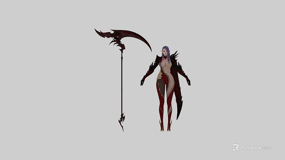 Mysterious Female Game Movie Character With Purple Hair Black Red Outfit And Giant Ornate Scythe 3d model 