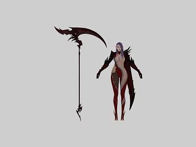 Mysterious Female Game Movie Character With Purple Hair Black Red Outfit And Giant Ornate Scythe 3d model
