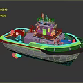 Wooden Tugboat With Blue And White Hull Deck Equipment And Yellow Stripes Design